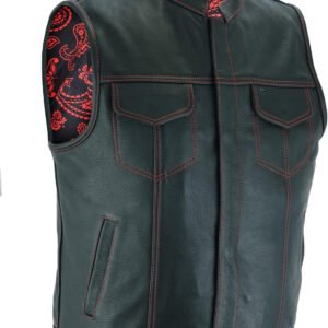 Mens Black Motorcycle Vests - SOA Club & Traditional Paisley Satin Liner Leather Biker Vests